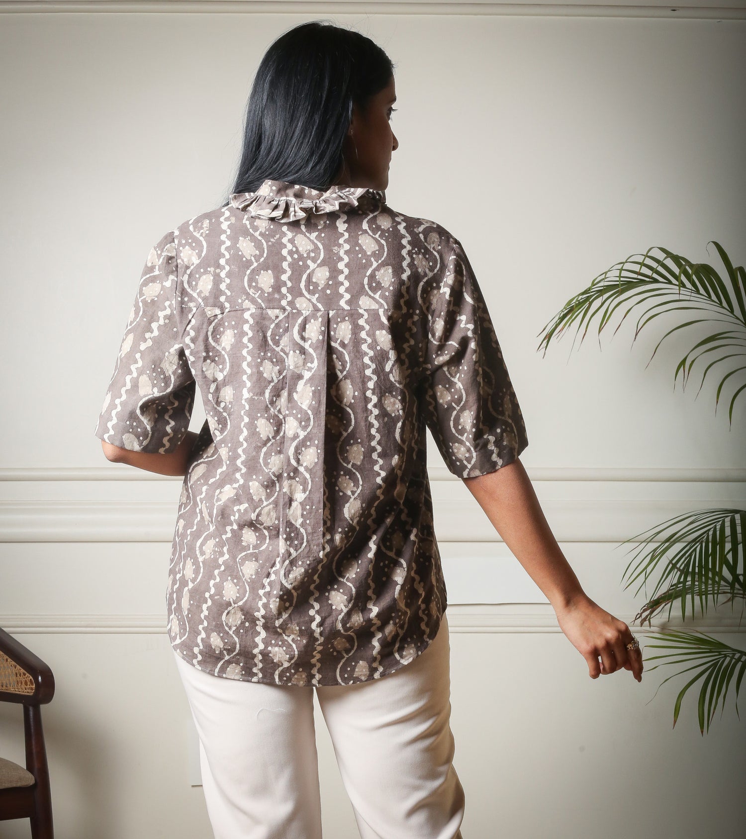 Smoky Trail Ruffle Dabu Printed Cotton Shirt