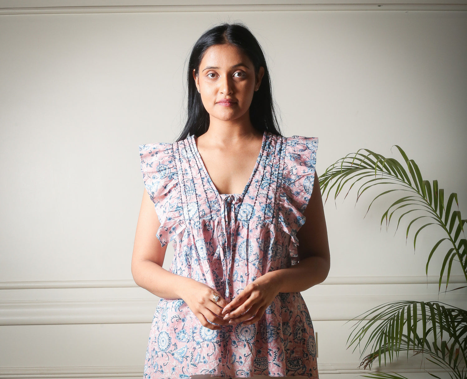 Blush Meadow Ruffle Pink Handblock Printed Top