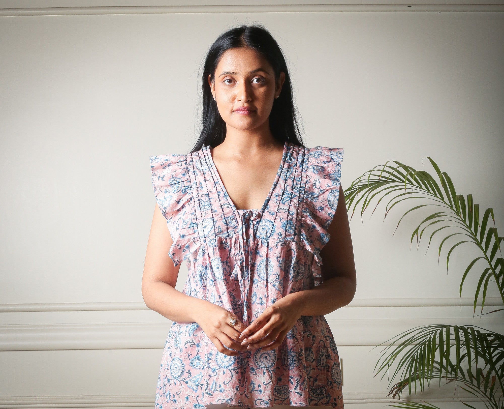 Blush Meadow Ruffle Pink Handblock Printed Top