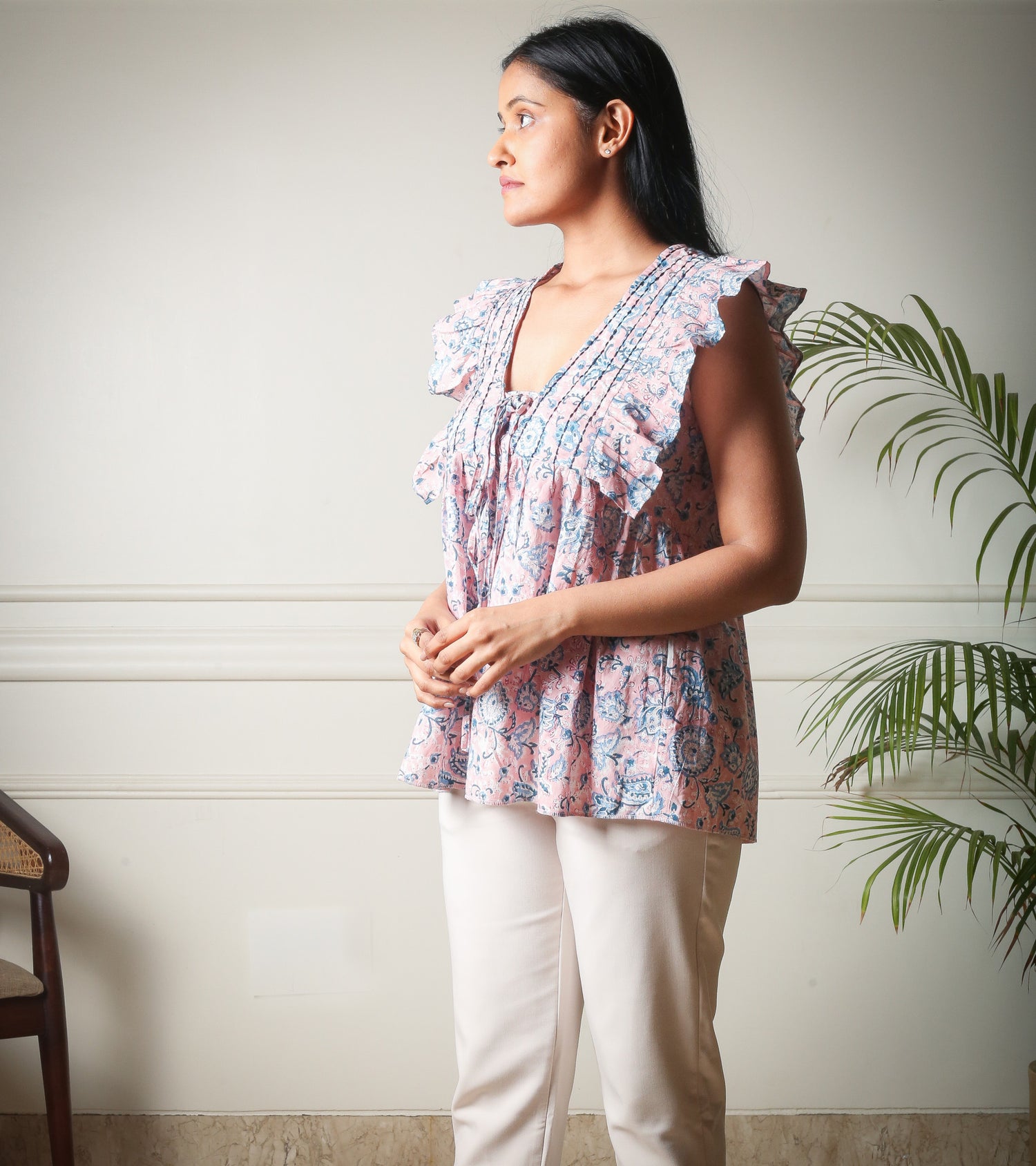 Blush Meadow Ruffle Pink Handblock Printed Top