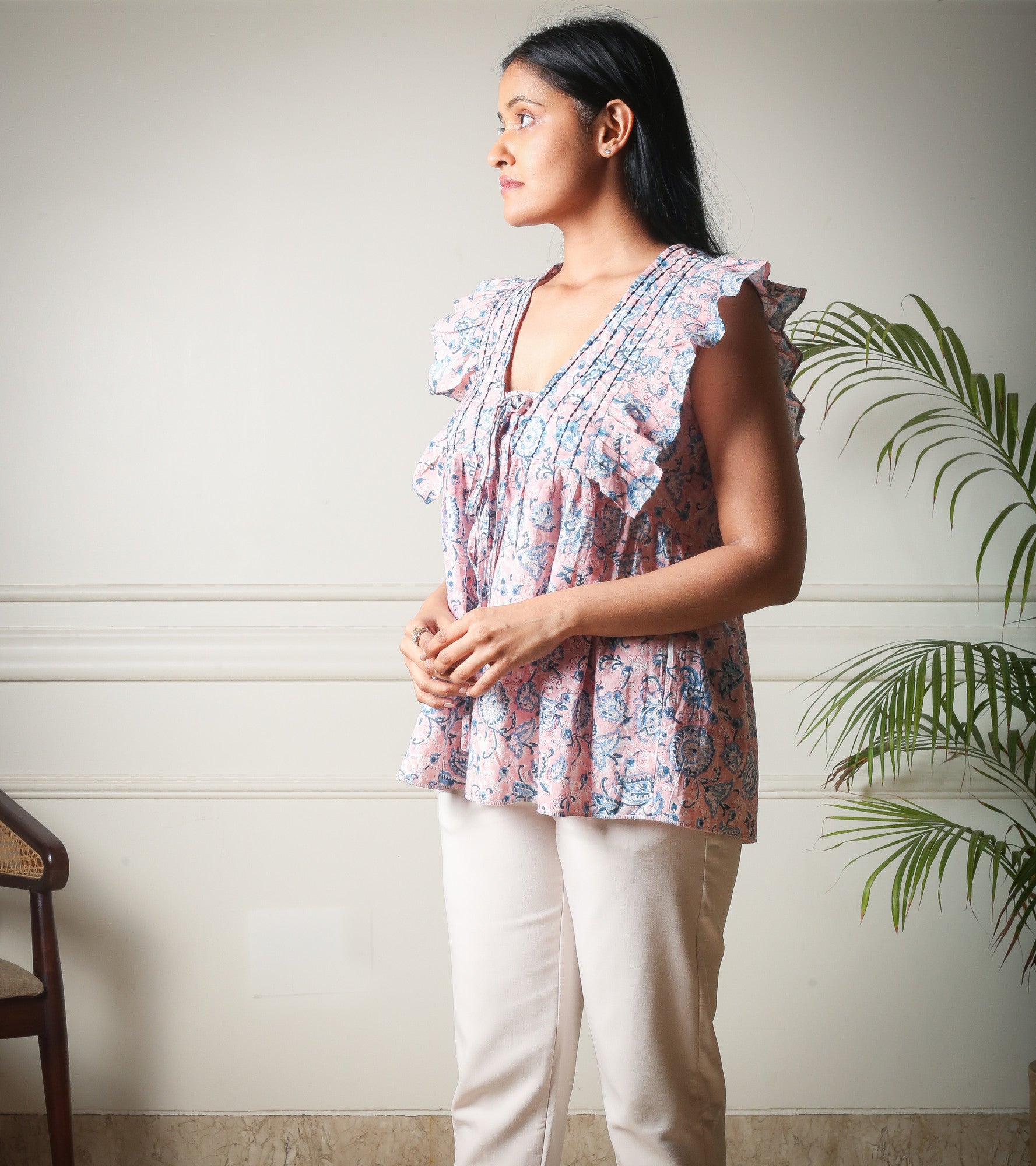 Blush Meadow Ruffle Pink Handblock Printed Top