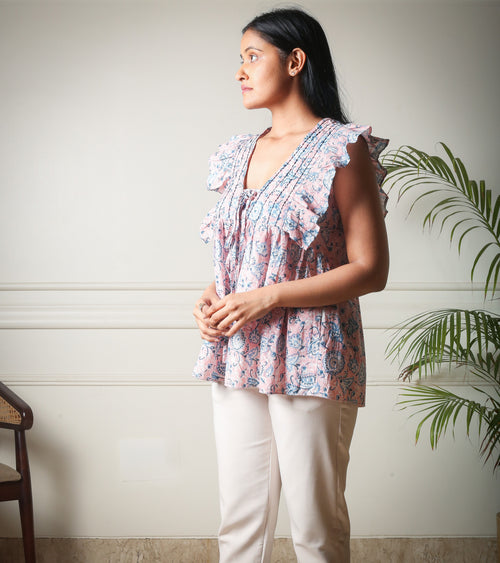 Blush Meadow Ruffle Pink Handblock Printed Top