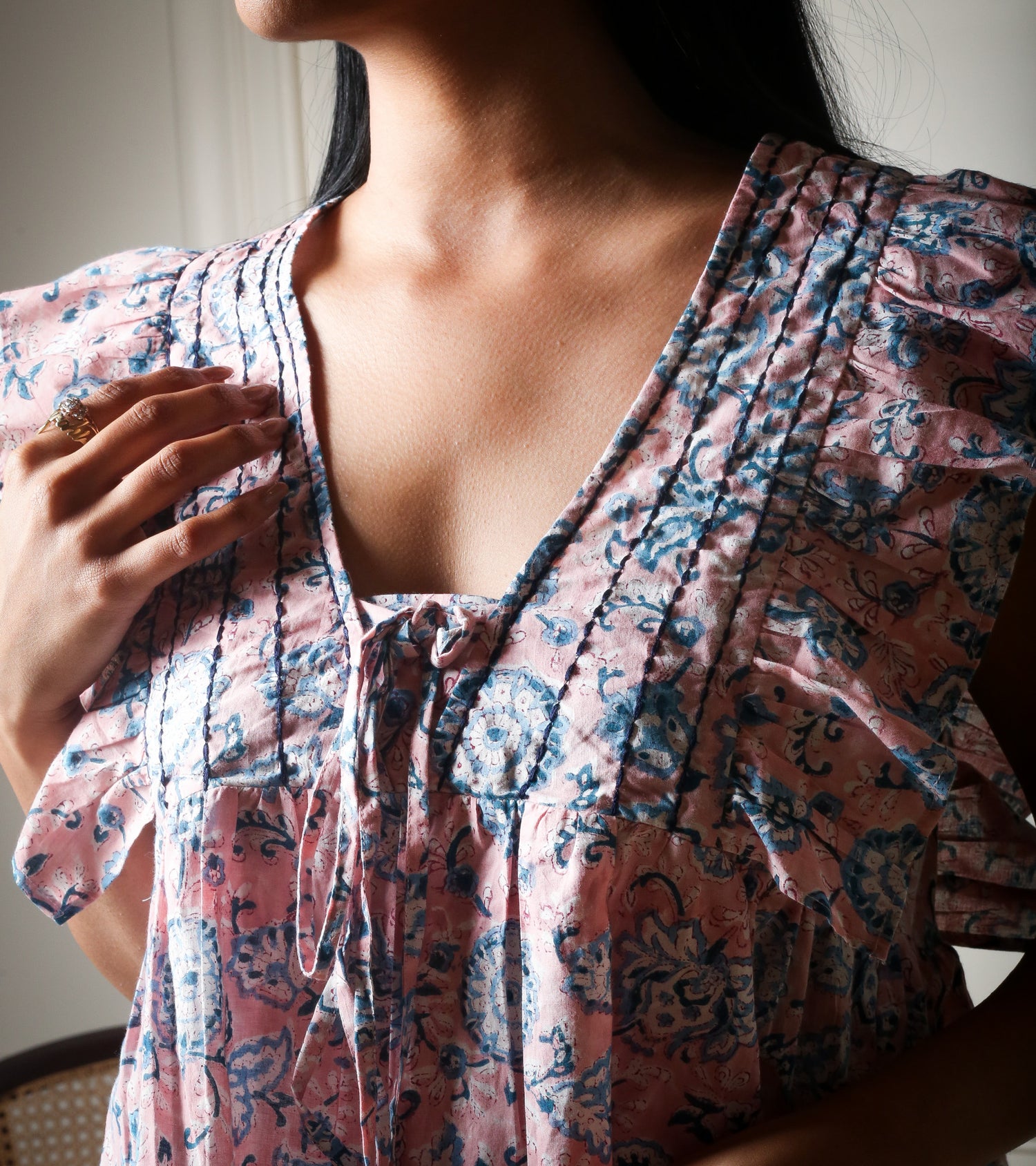 Blush Meadow Ruffle Pink Handblock Printed Top