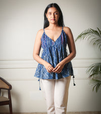 Indigo Cascade Noodle Strap Handblock Printed Top