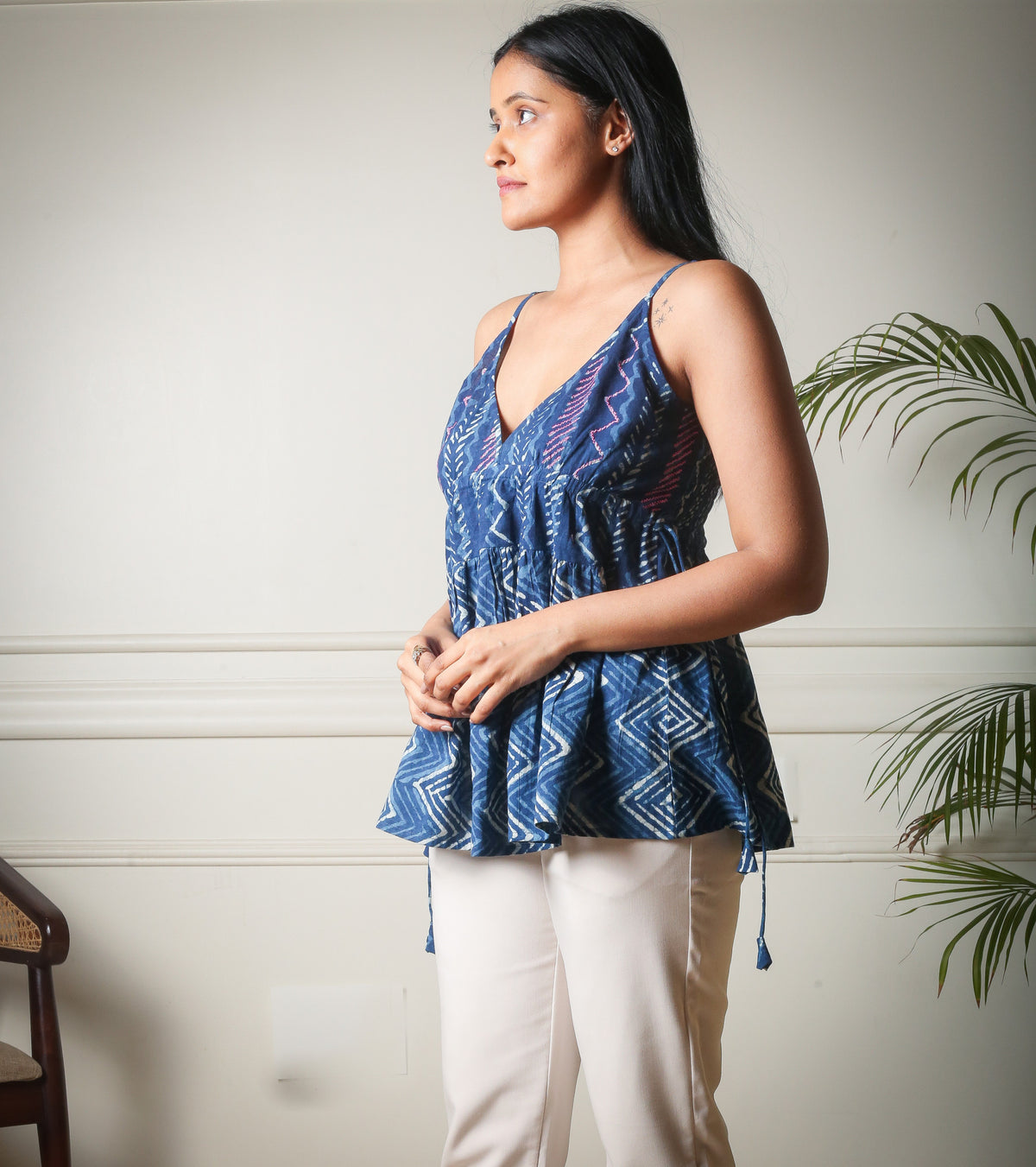 Indigo Cascade Noodle Strap Handblock Printed Top