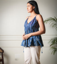 Indigo Cascade Noodle Strap Handblock Printed Top