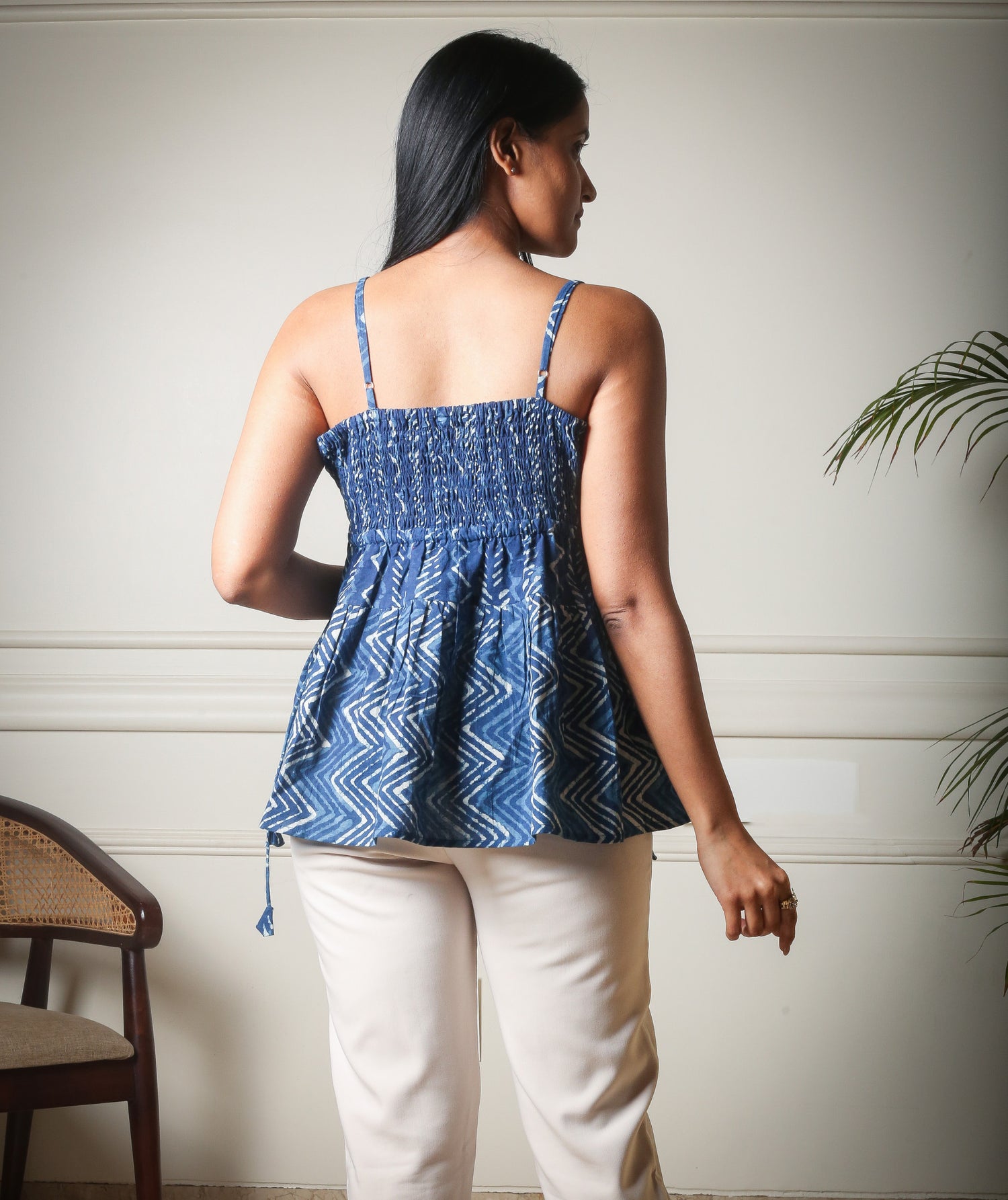Indigo Cascade Noodle Strap Handblock Printed Top