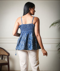 Indigo Cascade Noodle Strap Handblock Printed Top