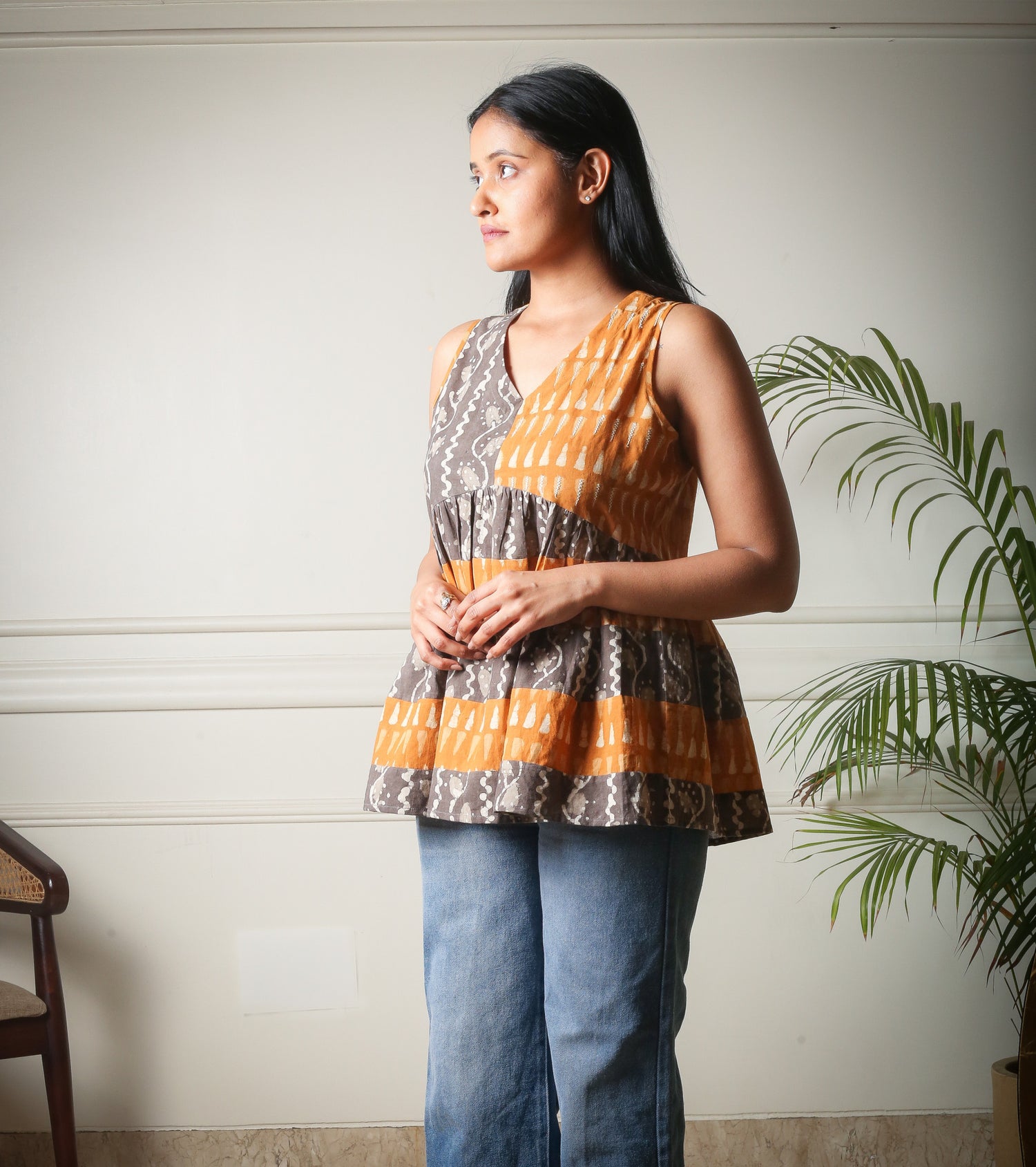 Sunset Hues Boho Handblock Printed Peplum Cotton Top