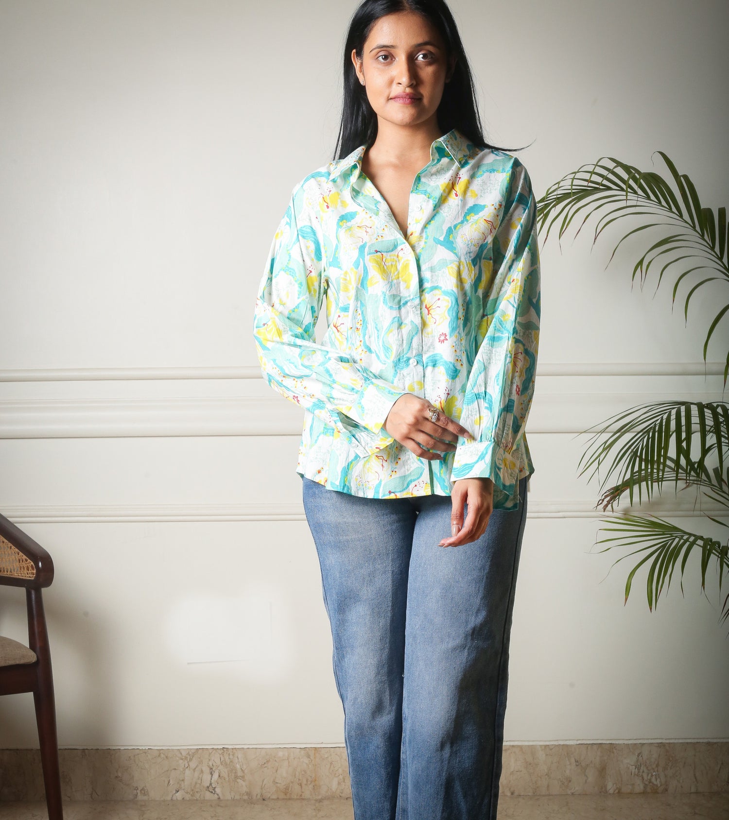 Aqua Bloom Cotton Printed Womens Shirt
