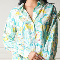Aqua Bloom Cotton Printed Womens Shirt