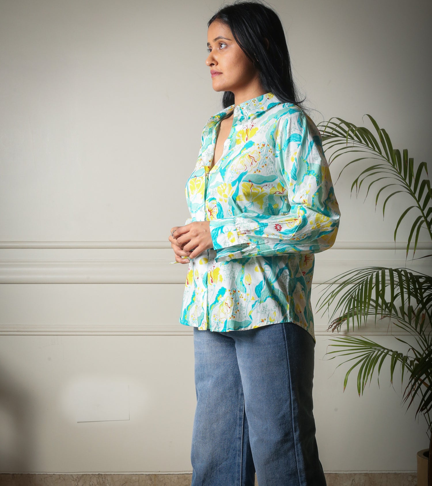 Aqua Bloom Cotton Printed Womens Shirt