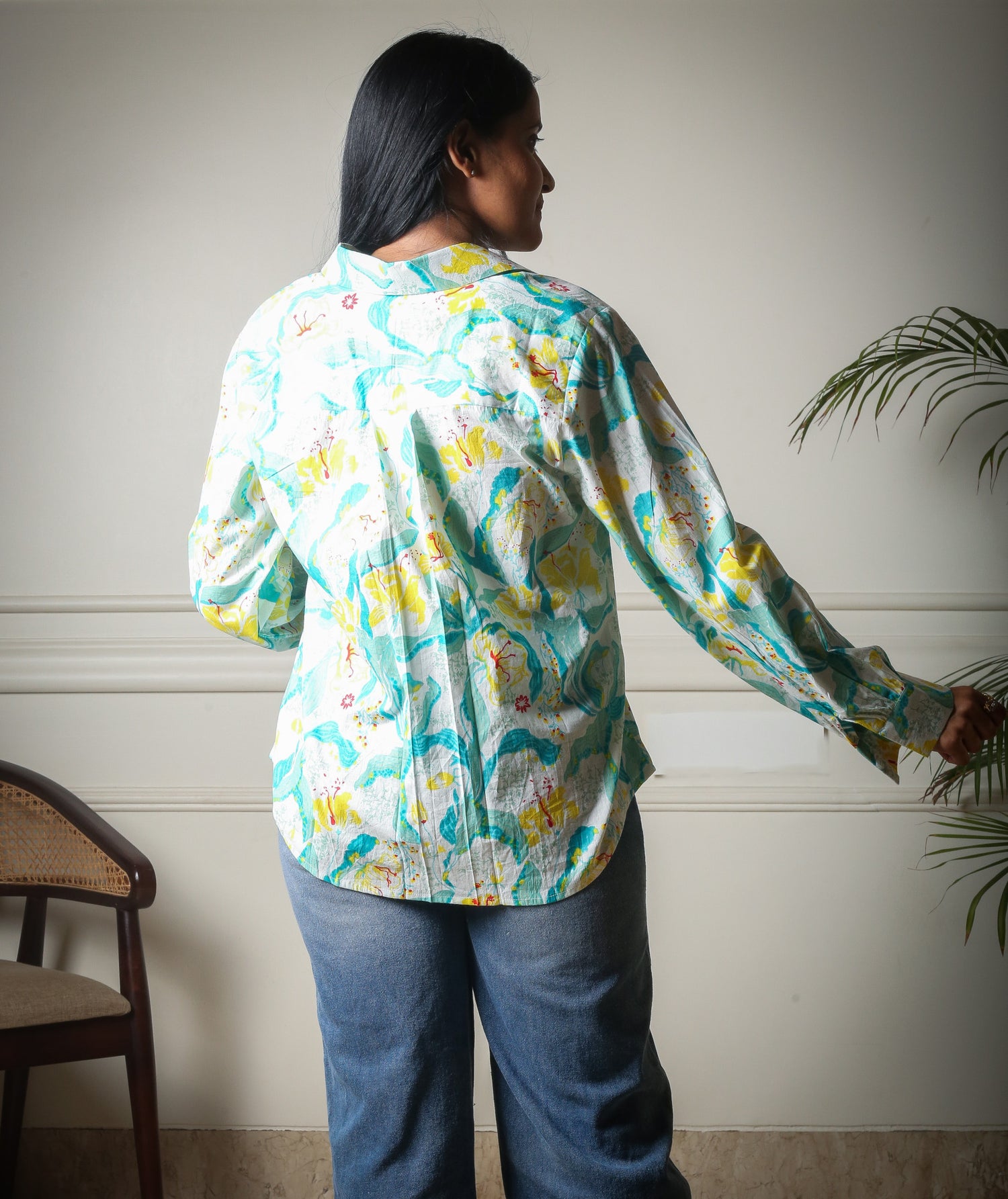 Aqua Bloom Cotton Printed Womens Shirt