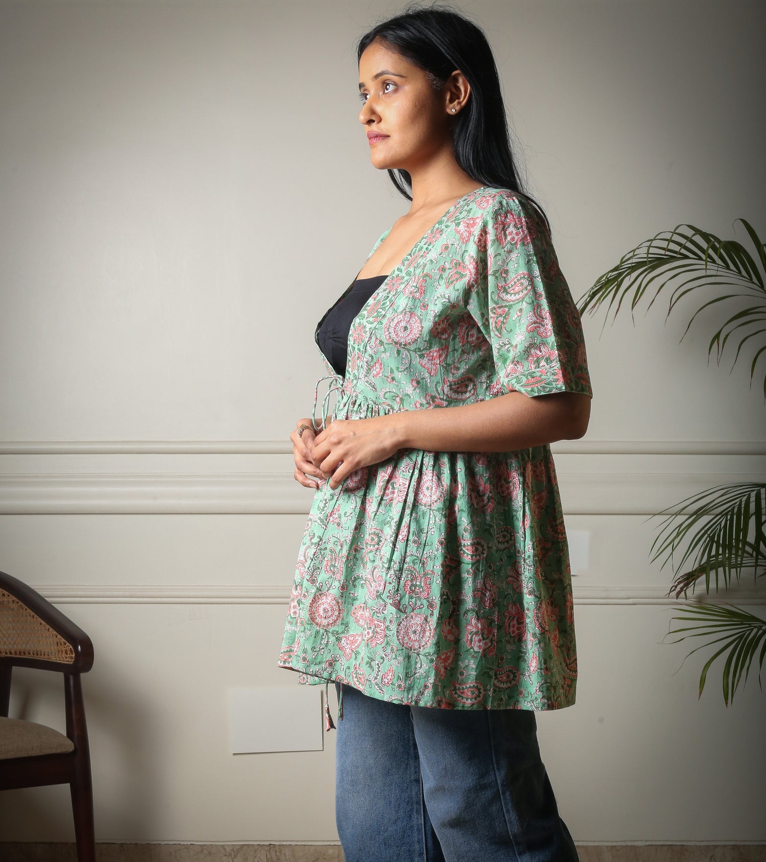Meadow Charm Handblock Printed Floral Cotton Overlay Shrug