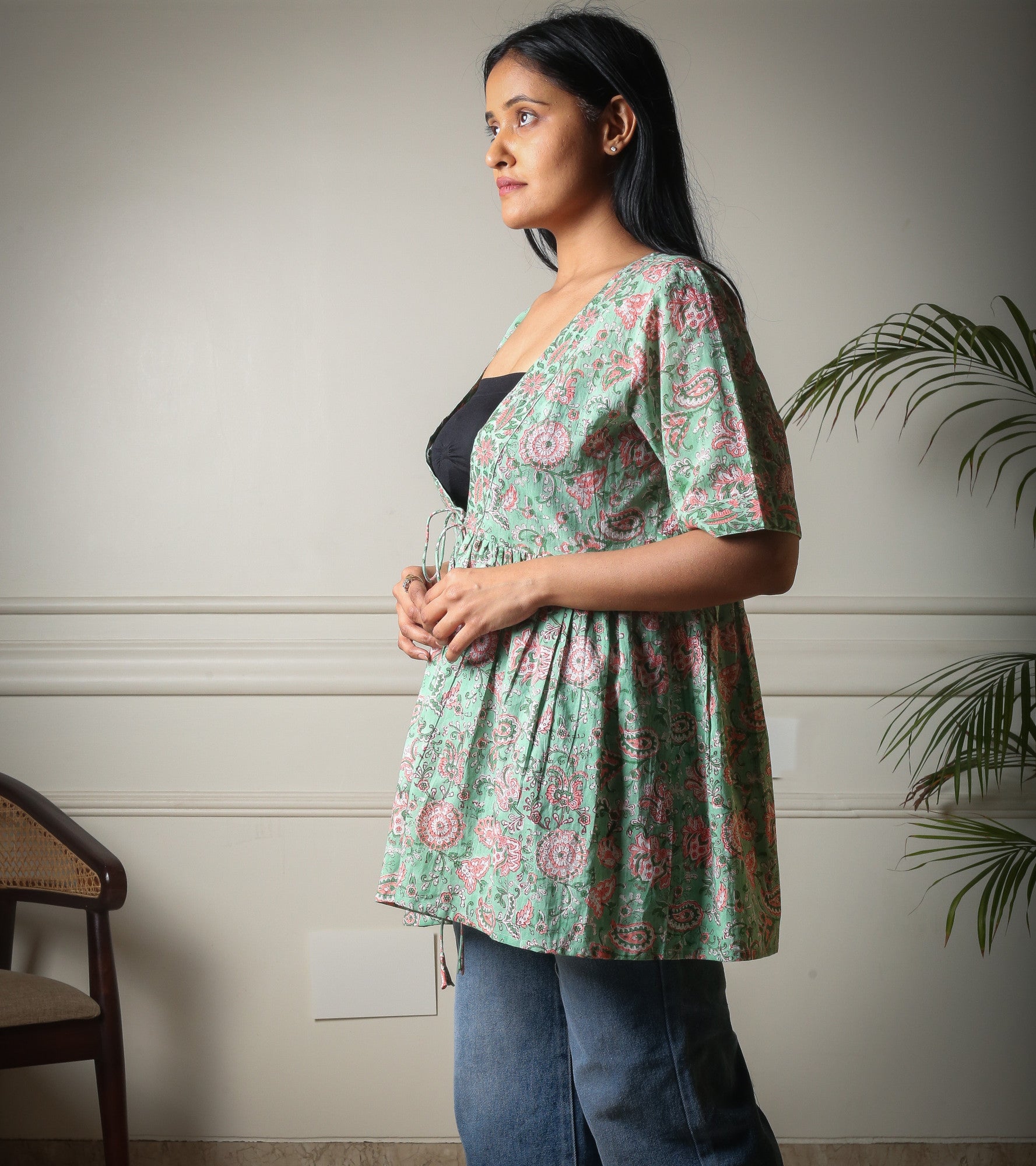 Meadow Charm Handblock Printed Floral Cotton Overlay Shrug