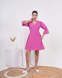 Hot Pink Stripe Printed Pure Cotton Flare Dress for Women