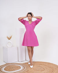 Hot Pink Stripe Printed Pure Cotton Flare Dress for Women