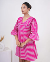 Hot Pink Stripe Printed Pure Cotton Flare Dress for Women