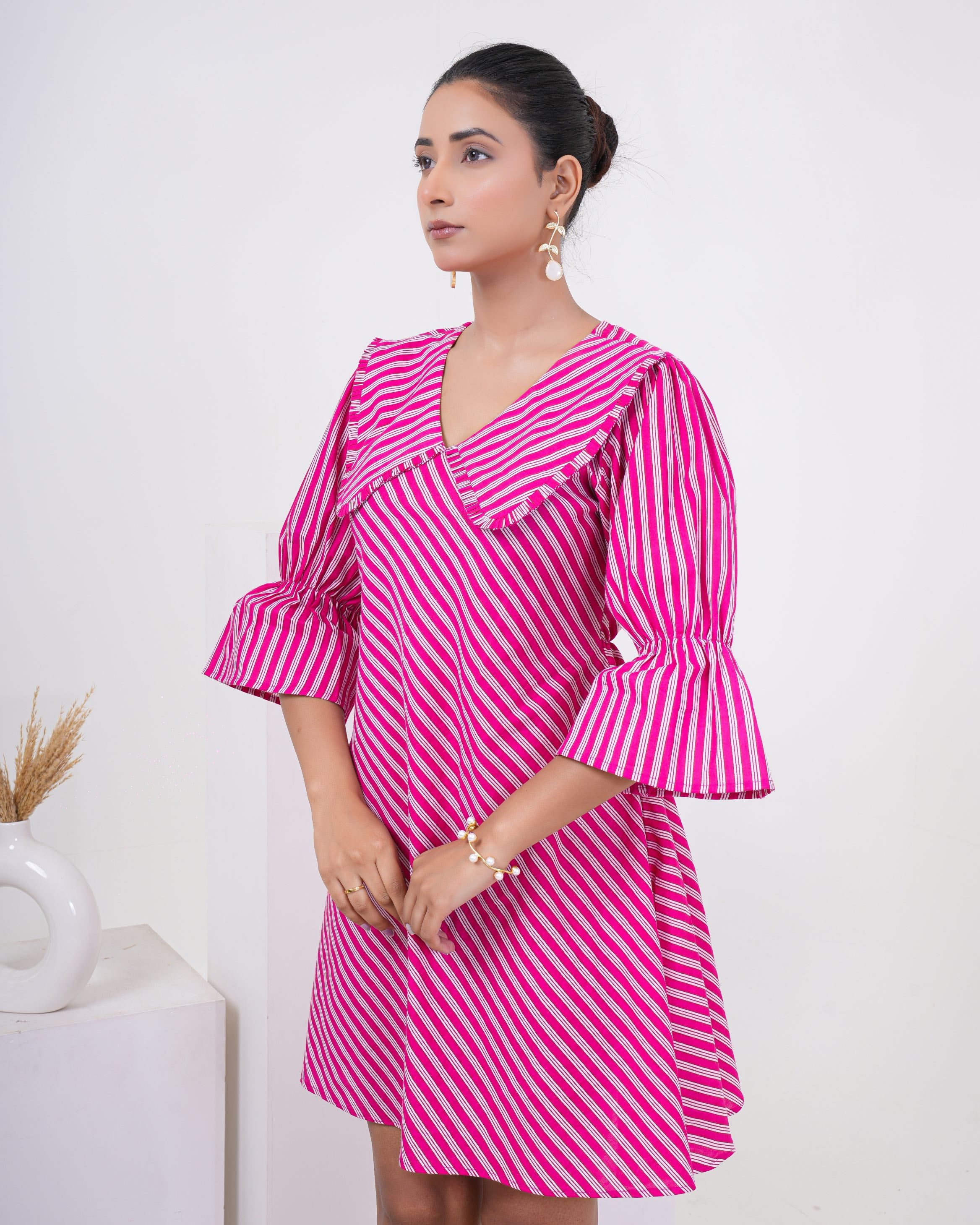 Hot Pink Stripe Printed Pure Cotton Flare Dress for Women