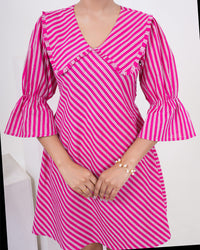 Hot Pink Stripe Printed Pure Cotton Flare Dress for Women
