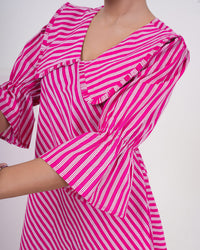 Hot Pink Stripe Printed Pure Cotton Flare Dress for Women