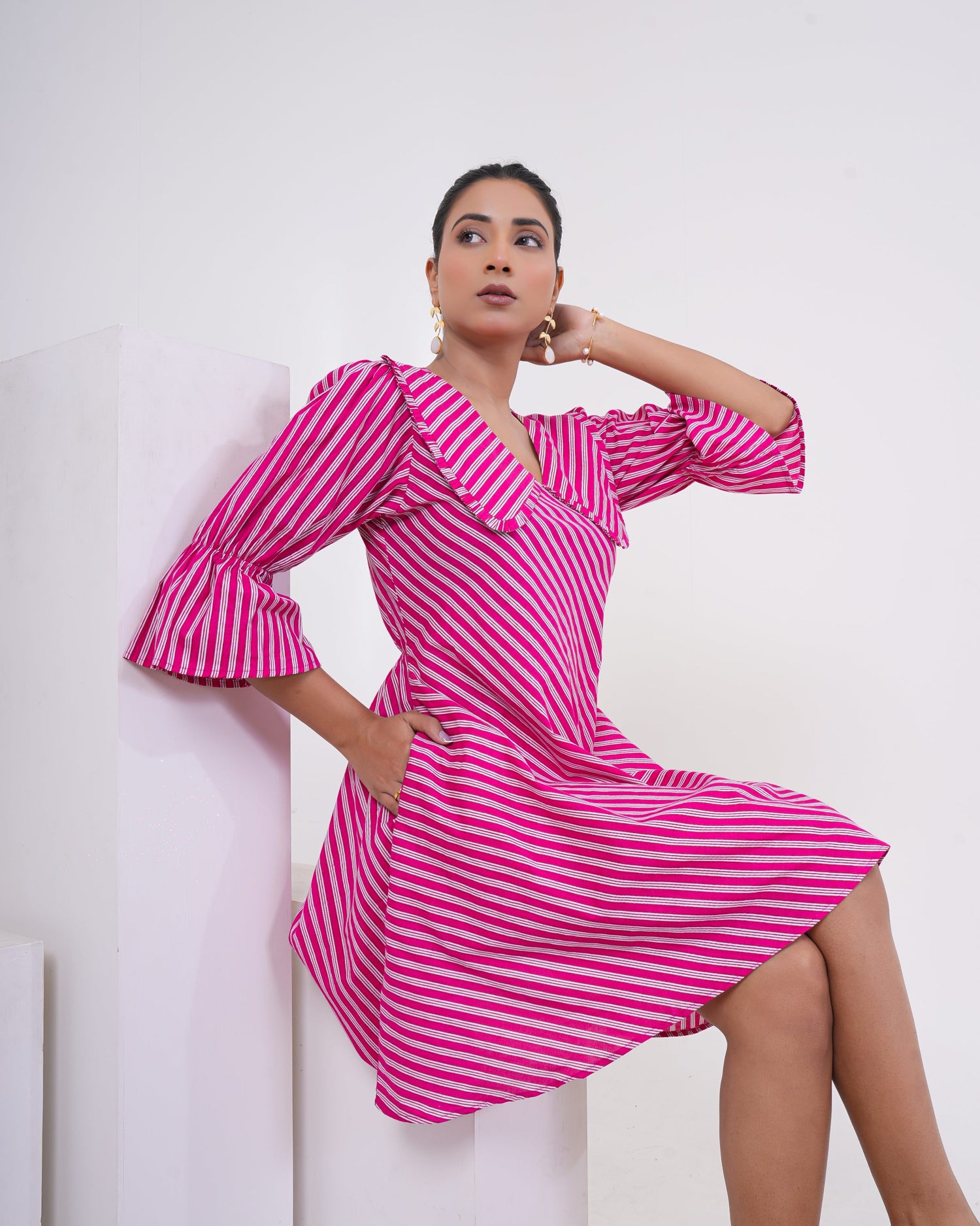 Hot Pink Stripe Printed Pure Cotton Flare Dress for Women