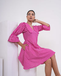 Hot Pink Stripe Printed Pure Cotton Flare Dress for Women