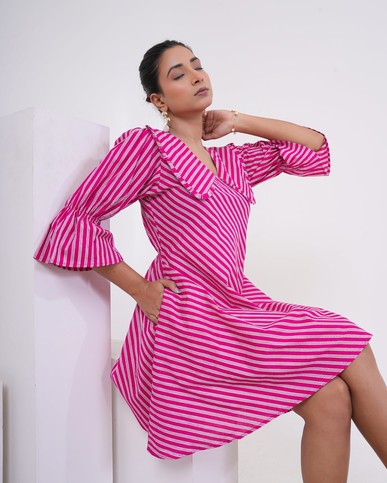 Hot Pink Stripe Printed Pure Cotton Flare Dress for Women