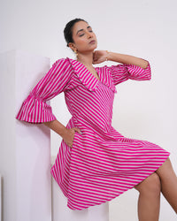 Hot Pink Stripe Printed Pure Cotton Flare Dress for Women