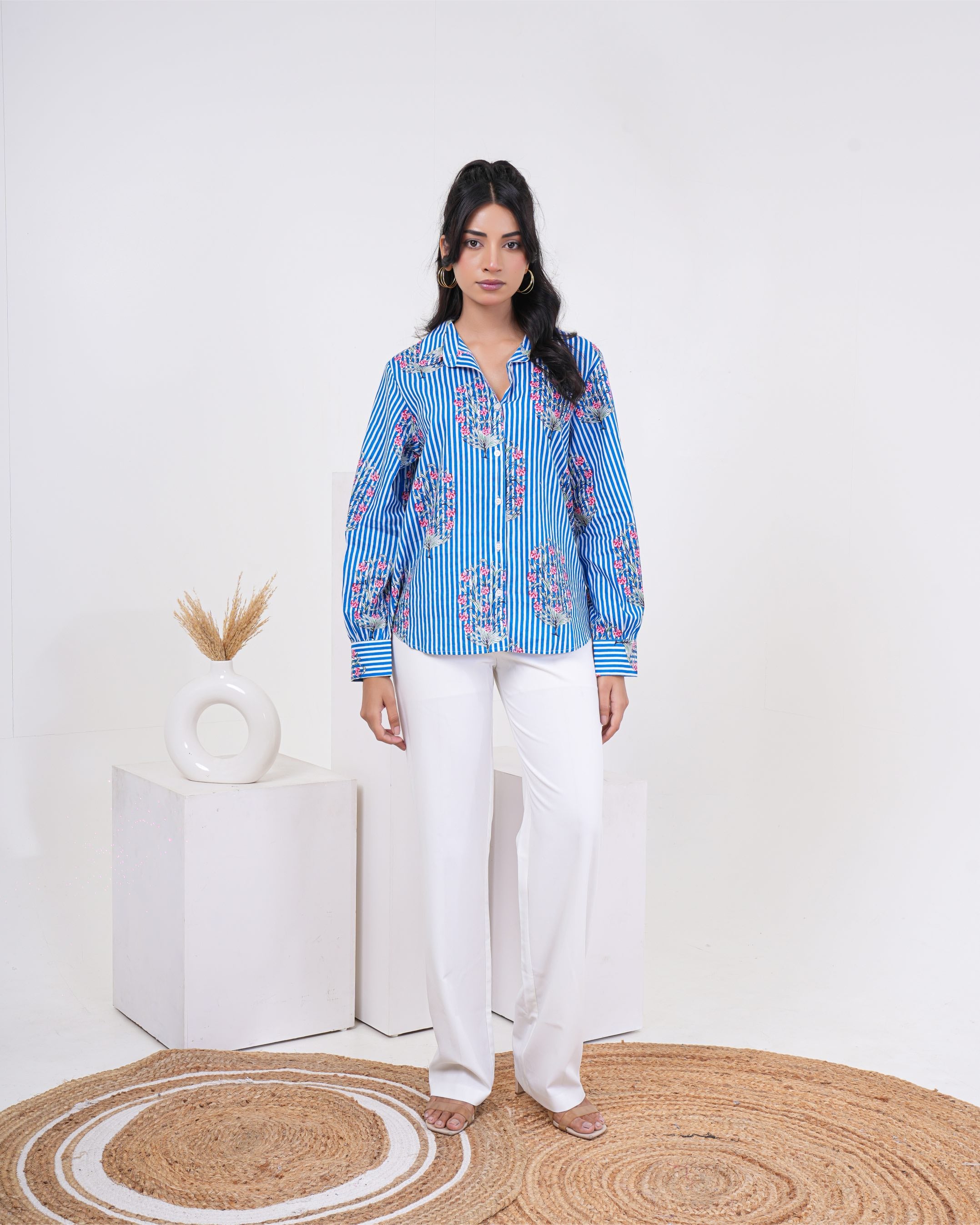 Cool Blue Floral Buta Stripe Pure Cotton Women’s Shirt