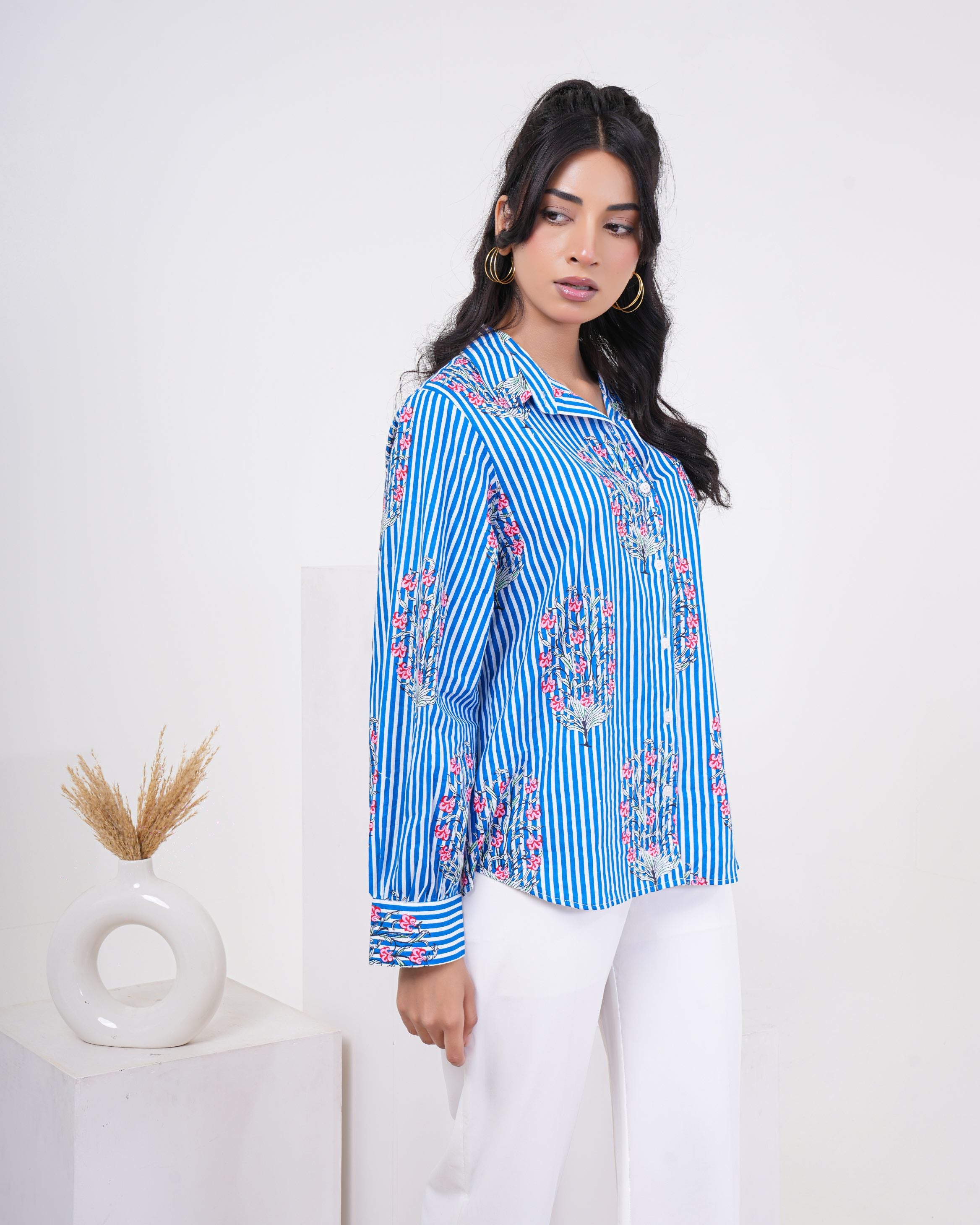 Cool Blue Floral Buta Stripe Pure Cotton Women’s Shirt