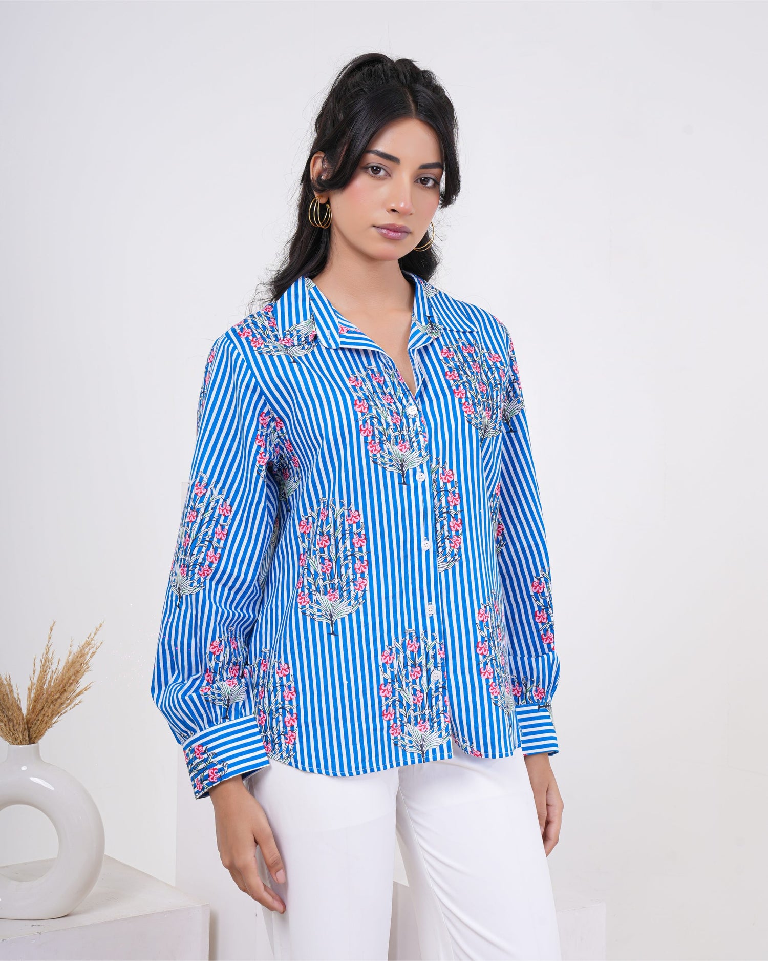 Cool Blue Floral Buta Stripe Pure Cotton Women’s Shirt