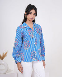 Cool Blue Floral Buta Stripe Pure Cotton Women’s Shirt
