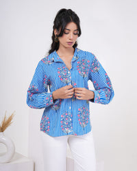 Cool Blue Floral Buta Stripe Pure Cotton Women’s Shirt