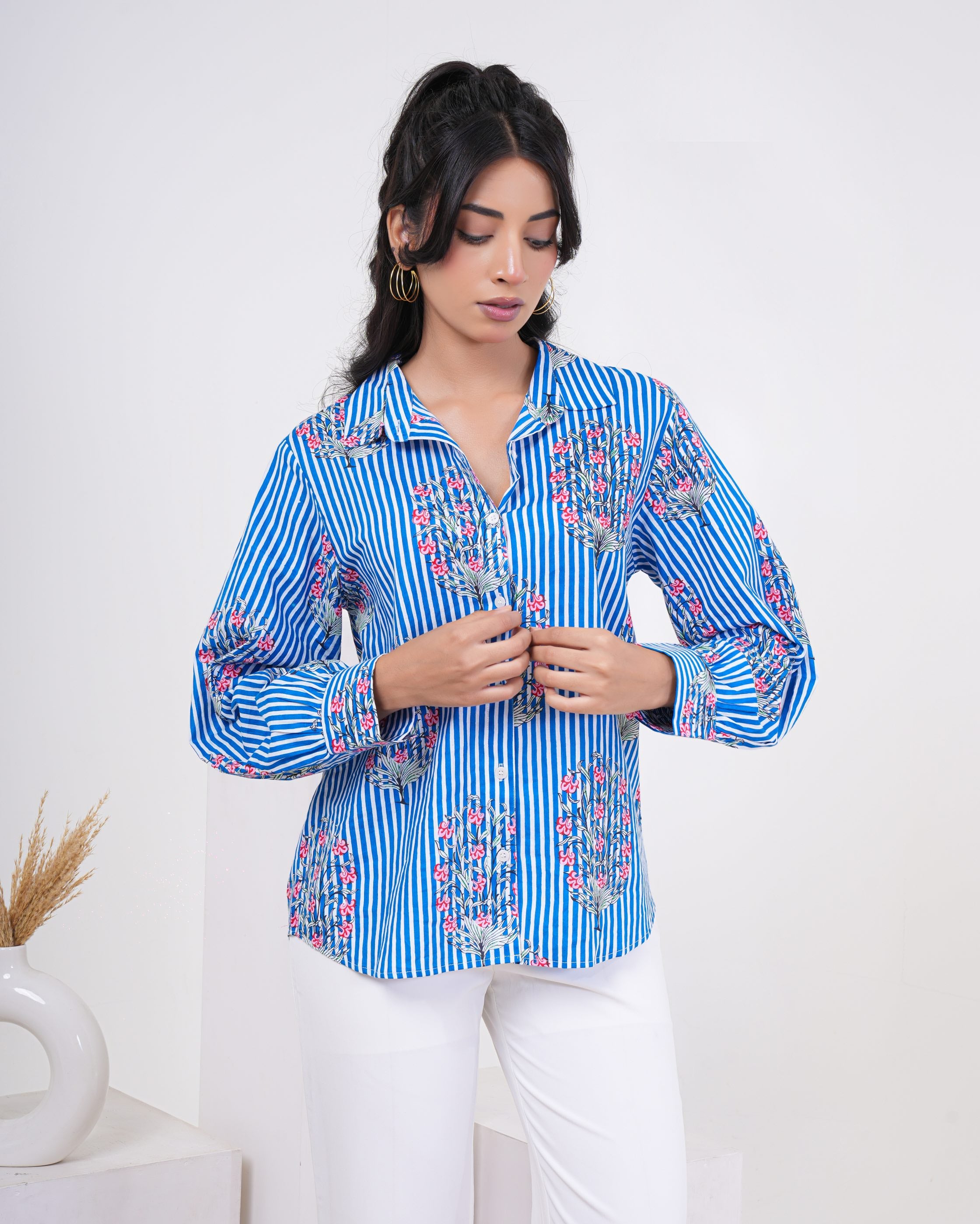 Cool Blue Floral Buta Stripe Pure Cotton Women’s Shirt