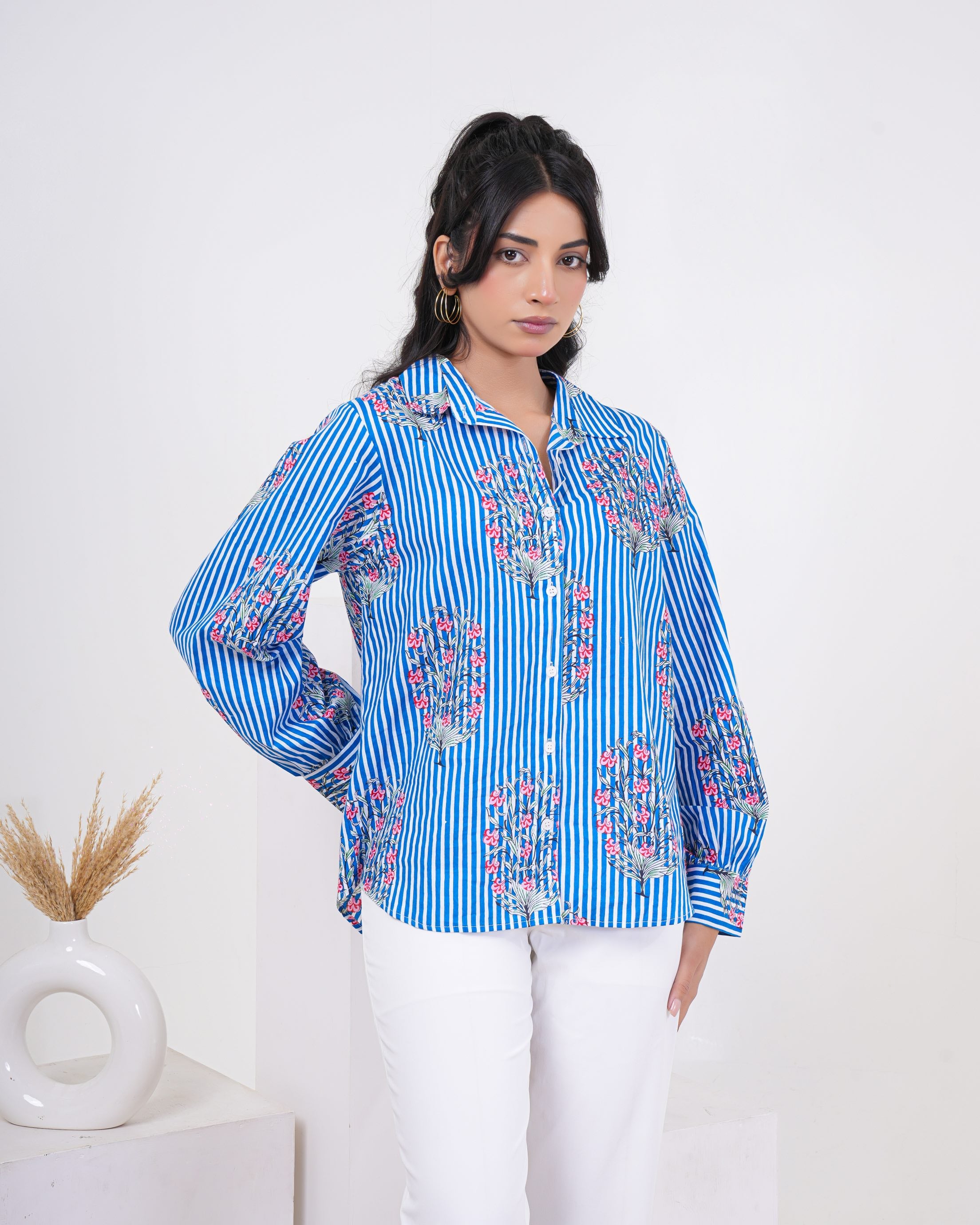 Cool Blue Floral Buta Stripe Pure Cotton Women’s Shirt