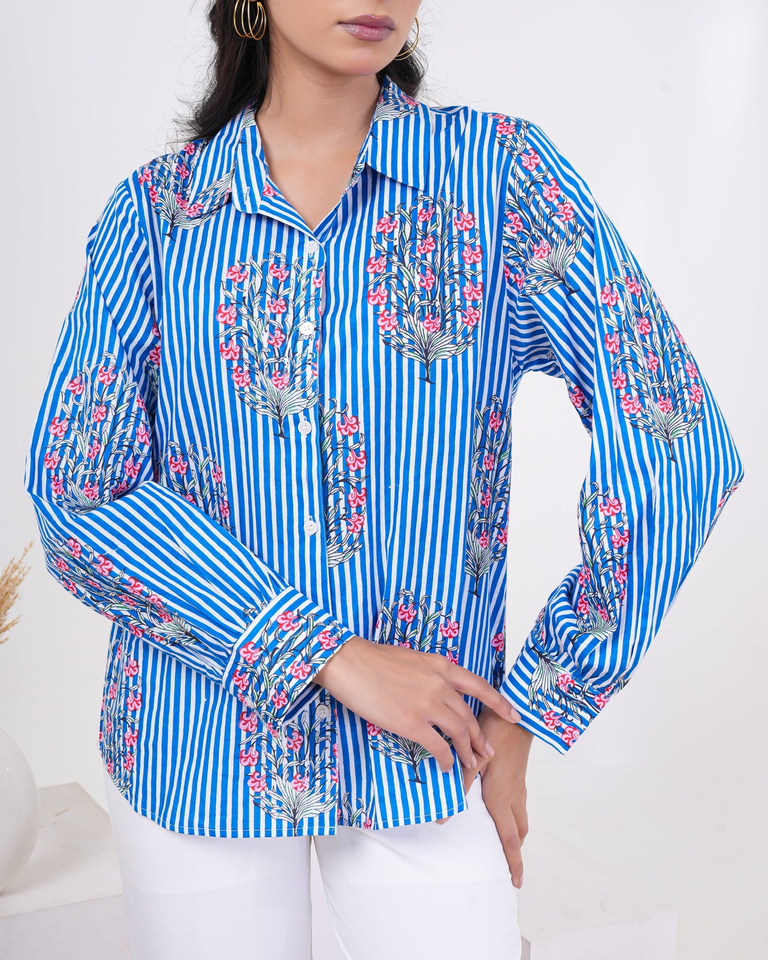 Cool Blue Floral Buta Stripe Pure Cotton Women’s Shirt