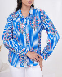 Cool Blue Floral Buta Stripe Pure Cotton Women’s Shirt