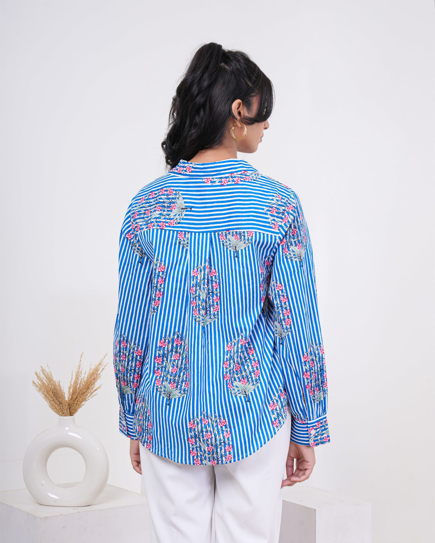 Cool Blue Floral Buta Stripe Pure Cotton Women’s Shirt