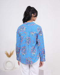 Cool Blue Floral Buta Stripe Pure Cotton Women’s Shirt