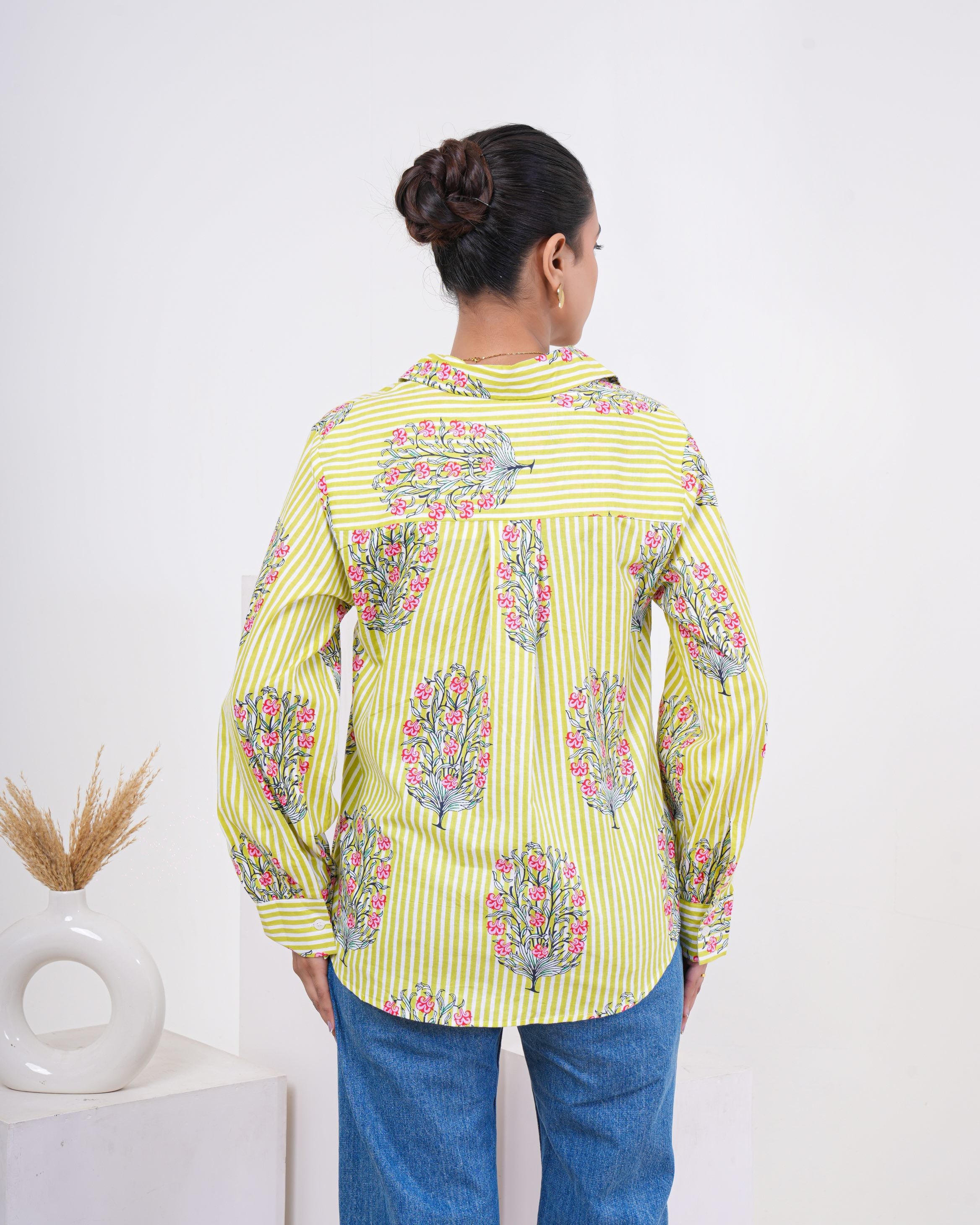 Lime Bloom Stripe Pure Cotton Shirt
