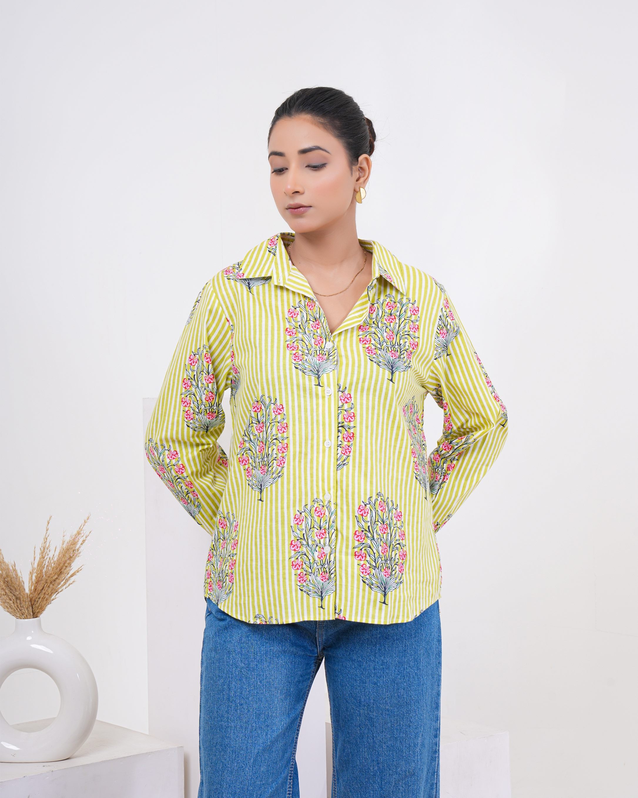 Lime Bloom Stripe Pure Cotton Shirt