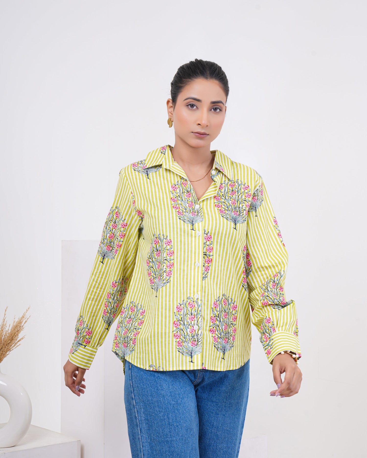 Lime Bloom Stripe Pure Cotton Shirt