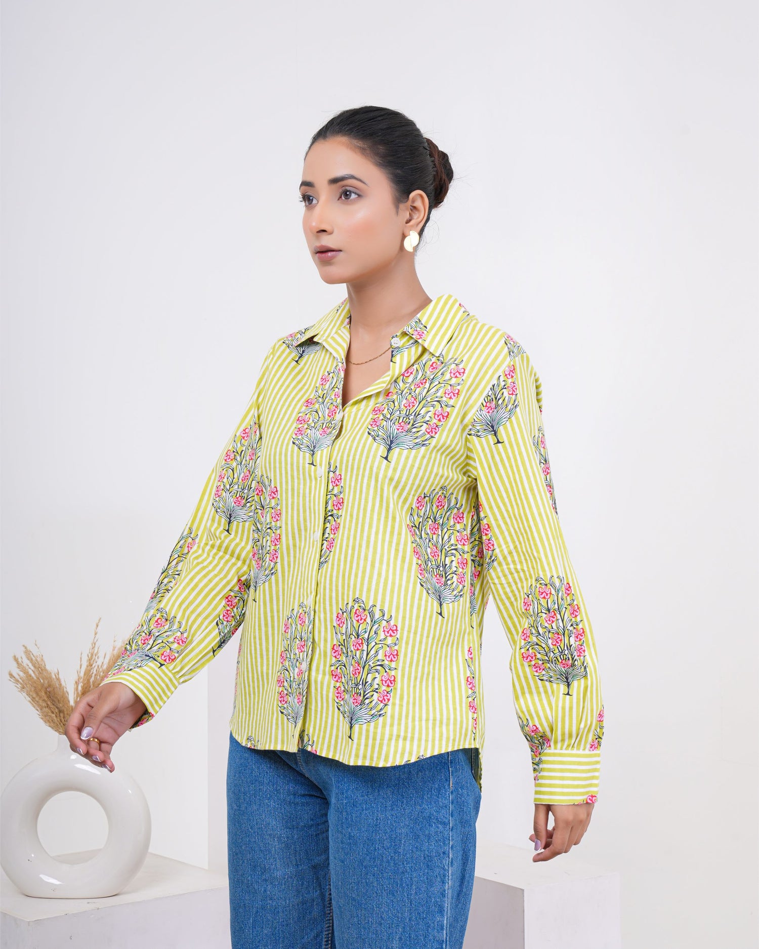 Lime Bloom Stripe Pure Cotton Shirt