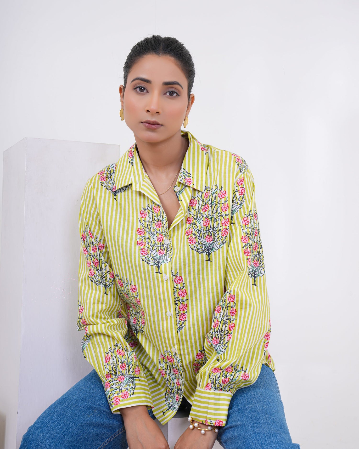 Lime Bloom Stripe Pure Cotton Shirt