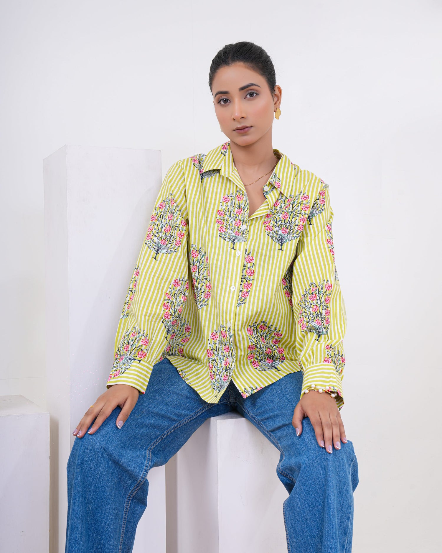 Lime Bloom Stripe Pure Cotton Shirt