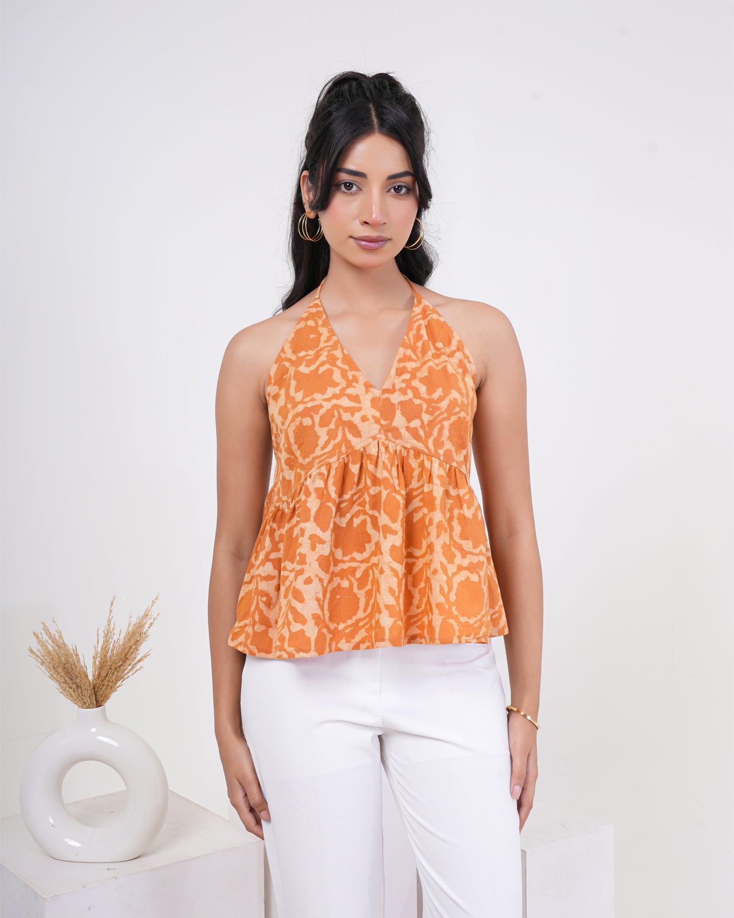 Sunset Bloom Halter Neck Pure Cotton Top