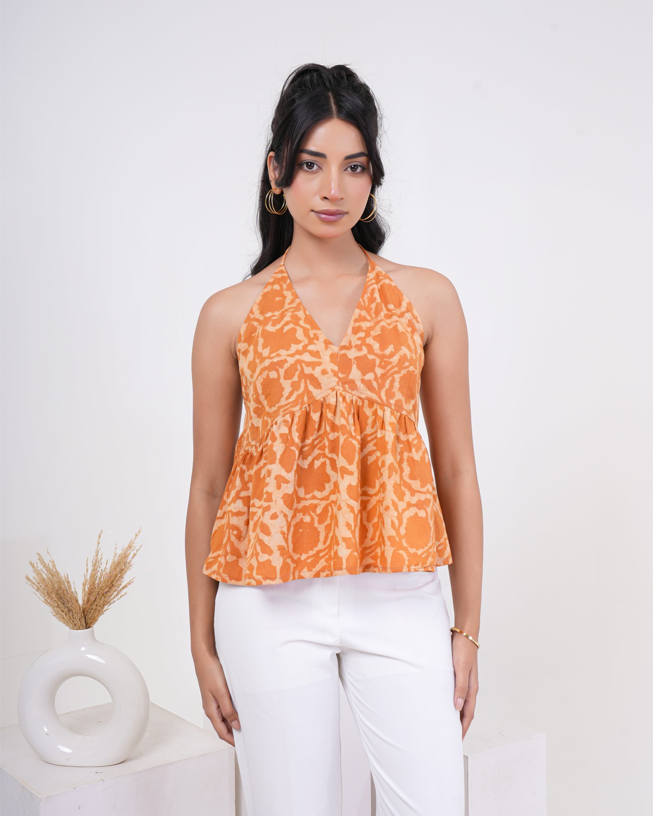 Sunset Bloom Halter Neck Pure Cotton Top