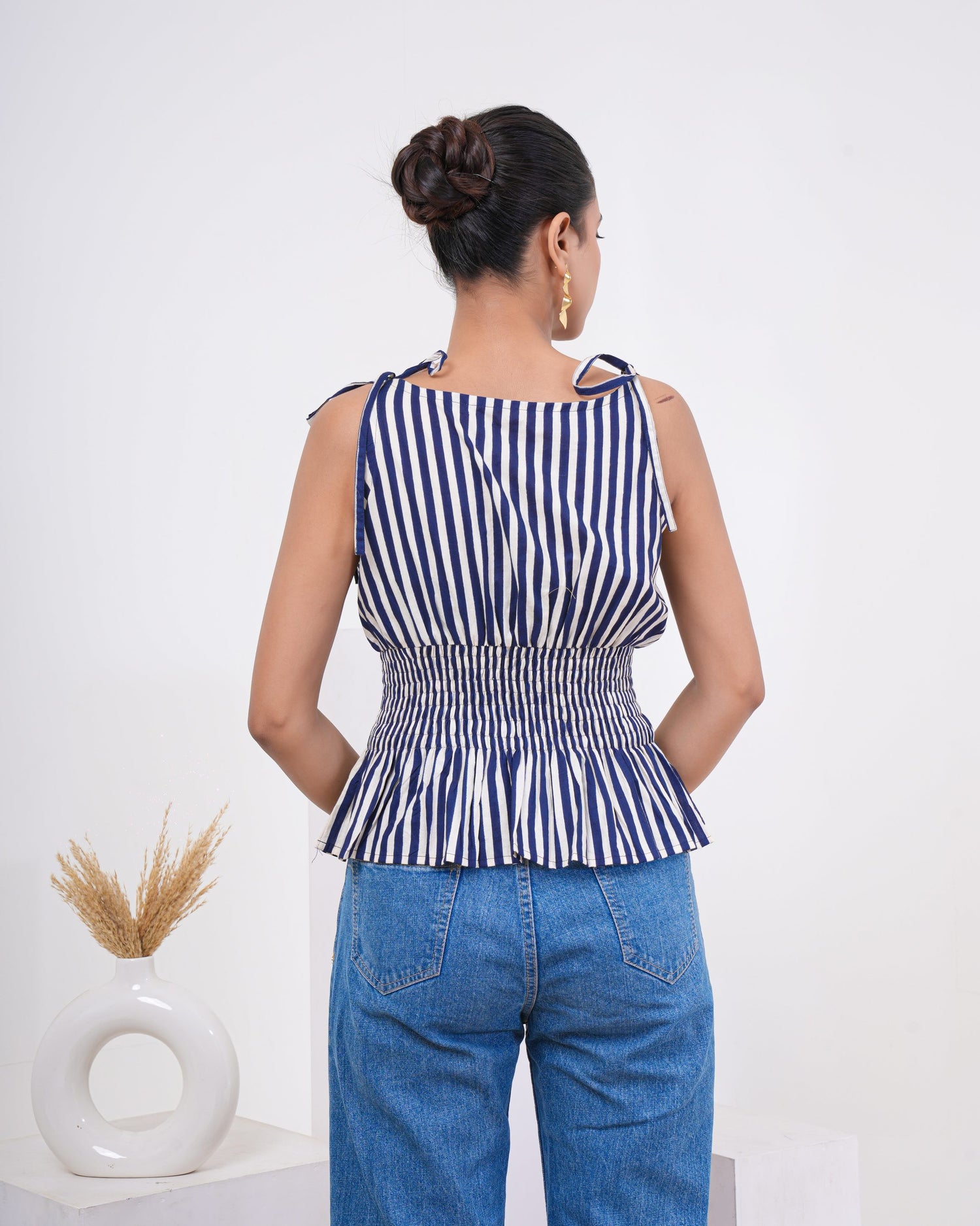 Midnight Breeze Stripe Pure Cotton Smocked Top