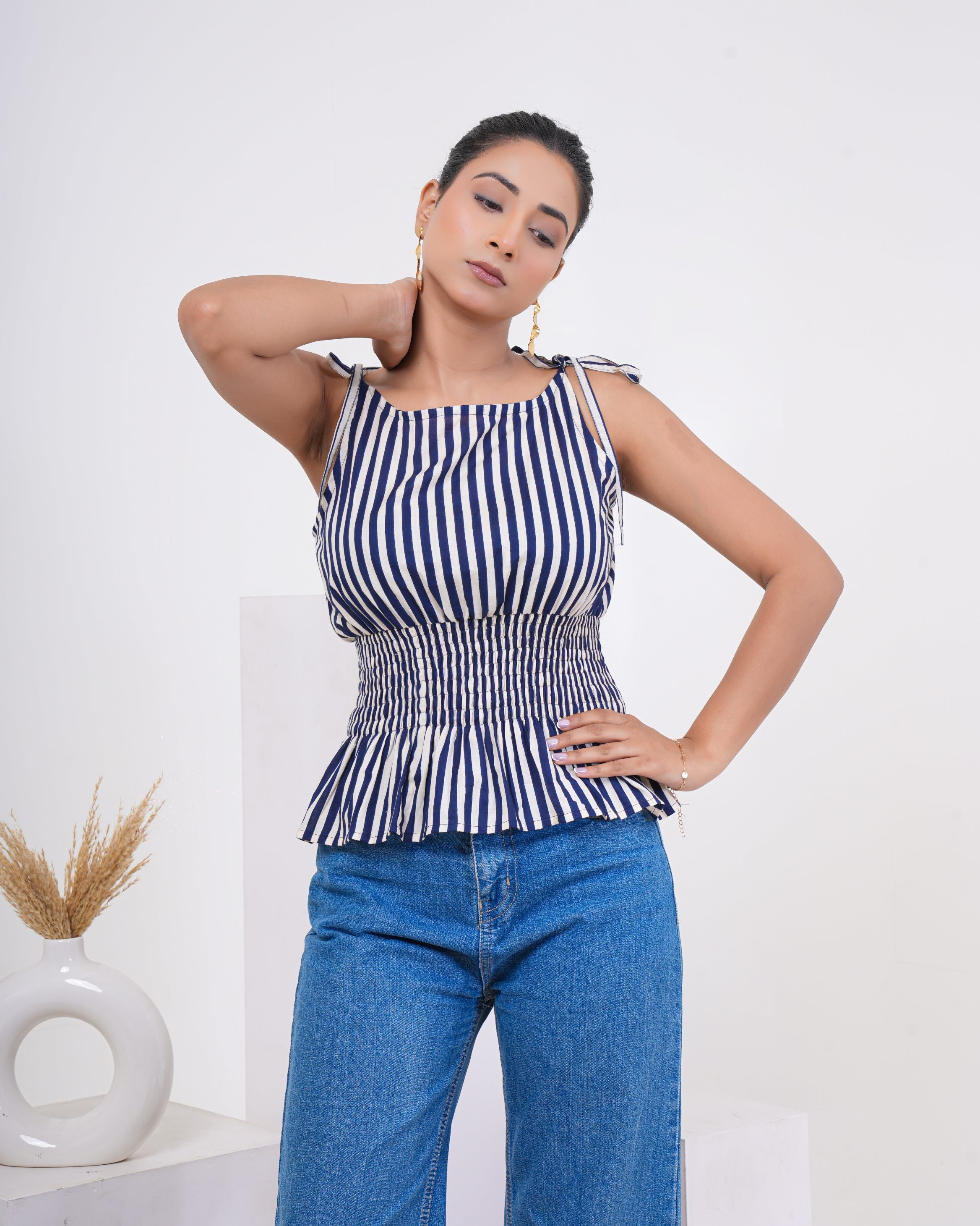 Midnight Breeze Stripe Pure Cotton Smocked Top